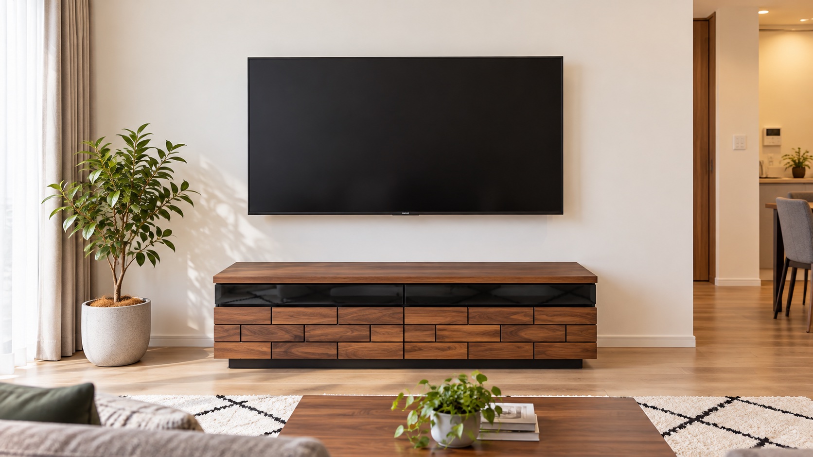 石膏ボードの壁に壁掛けされたテレビ