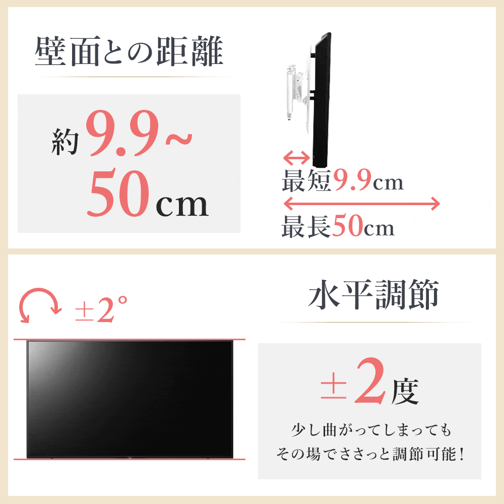 32〜65型対応】汎用テレビ壁掛け金具 上下左右調節可能ダブルアーム 