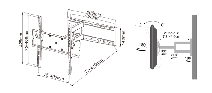 26~60型対応】汎用テレビ壁掛け金具 下向左右角度調節シングルアーム