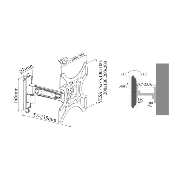 画像14: 【22〜40型対応】VESA規格対応テレビ壁掛け金具 自由角度調節アームタイプ - LCD-2601【VESA75x75,100x100,200x100,200x200対応】 (14)