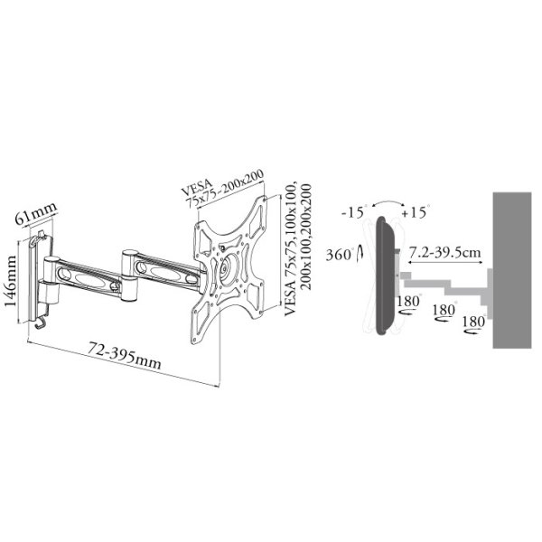 画像8: 【22〜40型対応】VESA規格対応テレビ壁掛け金具 自由角度調節ロングアーム - LCD-2602【VESA(横×縦)：75×75/100×100/100×200/200×100/200×200mm】 (8)