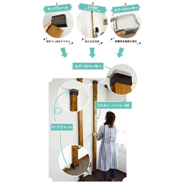 画像4: 賃貸でもOK！壁面に収納UP 2×4 ディアウォールR 耐震強化パーツ エアースペーサー セット【ウッディ】WDY-WOOD (4)